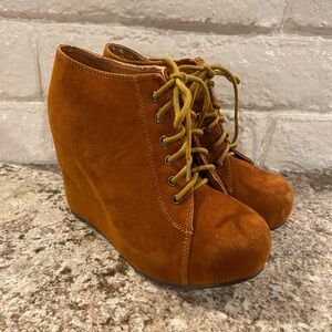Jeffrey Campbell “99-Tie” Cognac Suede Wedge Booties